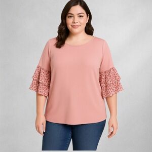 Lane Bryant Pink Ruffle Sleeve Blouse 18/20 Tiered Polka Dot Accent Sleeves 1378